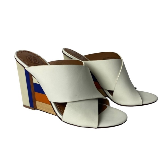 Tory Burch Woman’s Color Cube Mule Open Toe Wedges Ivory Size 8M